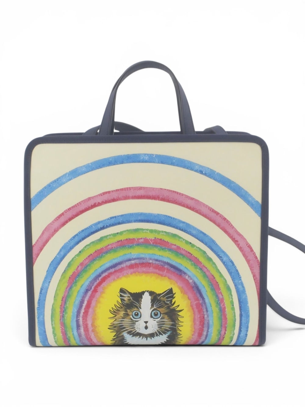 GUCCI Cat Tote Shoulder Bag Square Cream Tote with Colorful Rainbow Cat Print